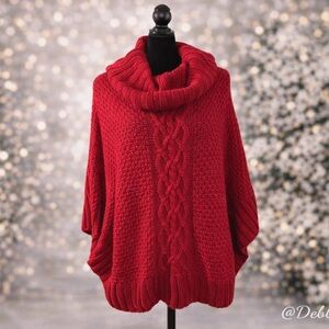 Red Cable Knit Poncho Sweater Armholes Cozy Chunky Knit Size S/M Pristine